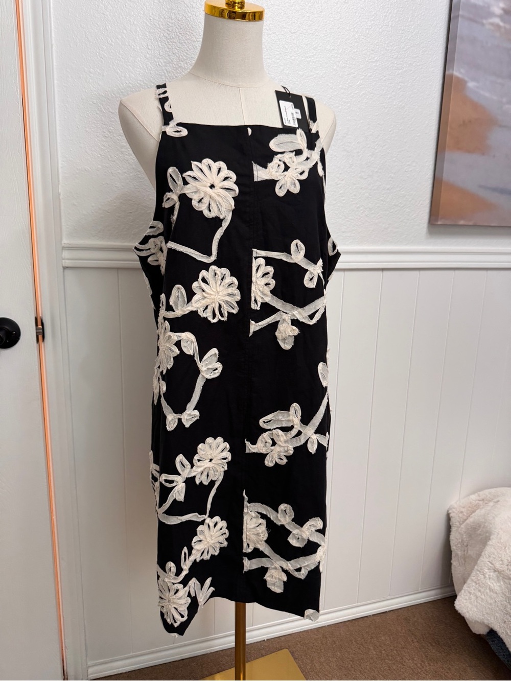 THML Black Mini Dress with Cream Floral Appliqué